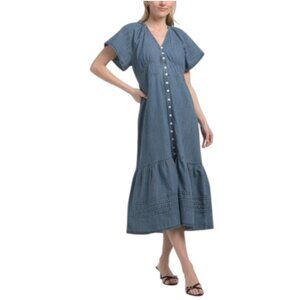 LEA Flutter Sleeve Ruched Waist Denim Midi Dress